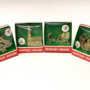 4 Vintage 90’s Fantasy Decor Gold Dipped Ornaments, Santa’s World